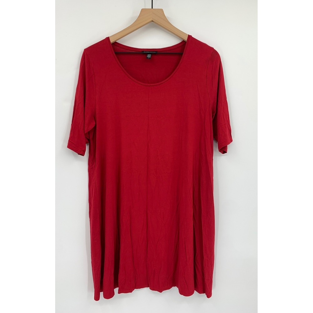 Eileen Fisher Shirt Womens Large Red Short Sleeve Long Tunic Stretch
